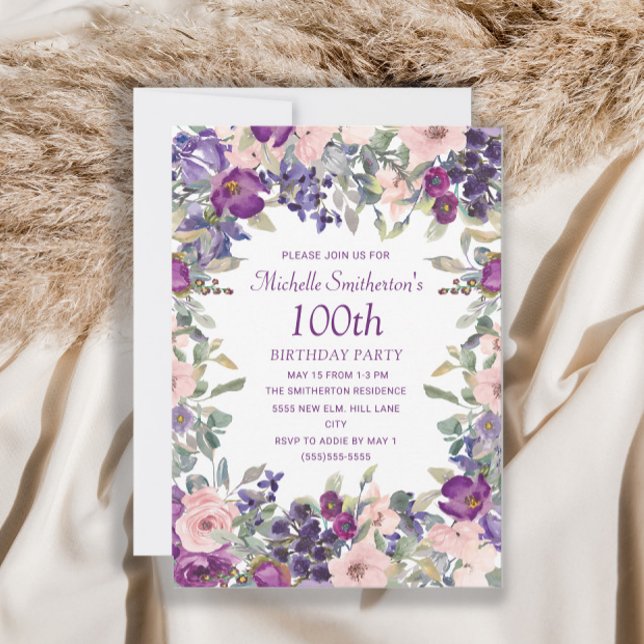 Purple Blush Pink Floral Foliage 100th Birthday  Invitation (Creator Uploaded)