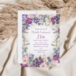 Purple Blush Pink Floral Foliage 21st Birthday Invitation