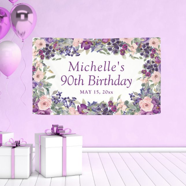 Purple Blush Pink Floral Foliage 90th Birthday Banner (Purple and blush pink watercolor floral 90th birthday party banner)