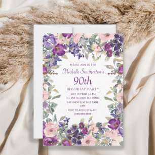 Purple Blush Pink Floral Foliage 90th Birthday Invitation