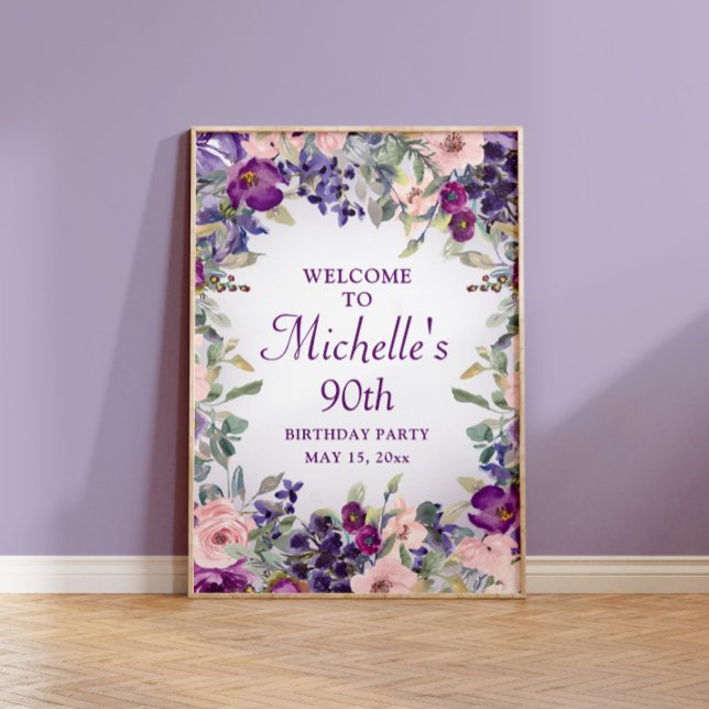 Purple Blush Pink Floral Foliage 90th Birthday Poster (Creator Uploaded)