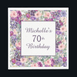 Purple Blush Pink Floral Leaves 70th Birthday Napkin<br><div class="desc">These 70th birthday party paper napkins are designed with a cute wreath of purple and blush pink watercolor floral and sage green leaves.  Text is fully customisable,  so design these paper party napkins for anyone of any age.</div>