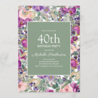 Purple Blush Pink Floral Sage Green 40th Birthday