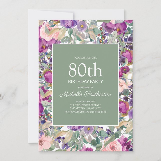 Purple Blush Pink Floral Sage Green 80th Birthday Invitation (Front)