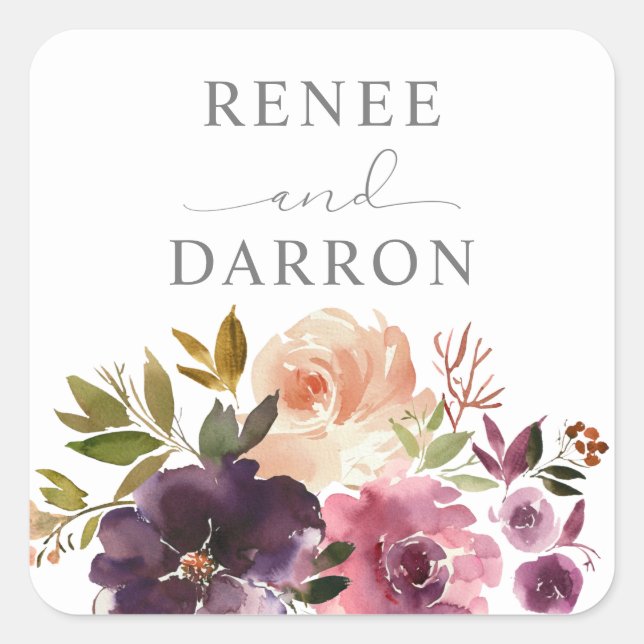 Purple & Blush Pink Floral Square Sticker (Front)