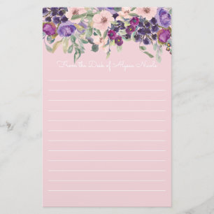 Purple Blush Pink Floral White Lined Stationery