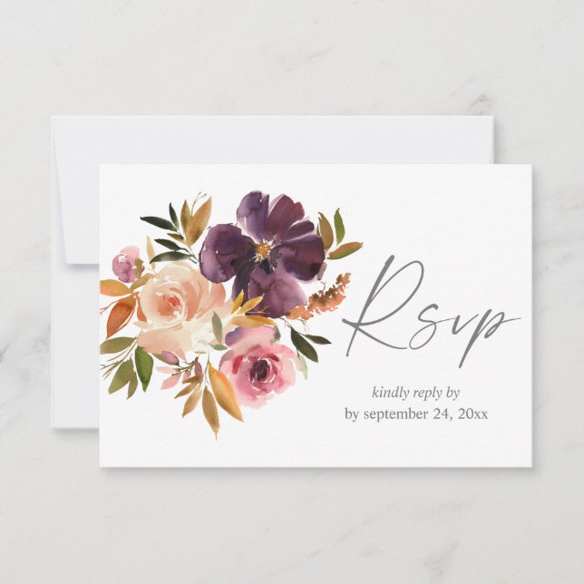 Purple & Blush Pink Floral with Meal RSVP Card (Front)