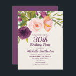 Purple Blush Pink Floral Women's 30th Birthday Card<br><div class="desc">Elegant and beautiful purple and blush pink watercolor floral on cream-coloured 30th birthday party invitation for women.   Contact us for help with customisation or to request matching products.</div>