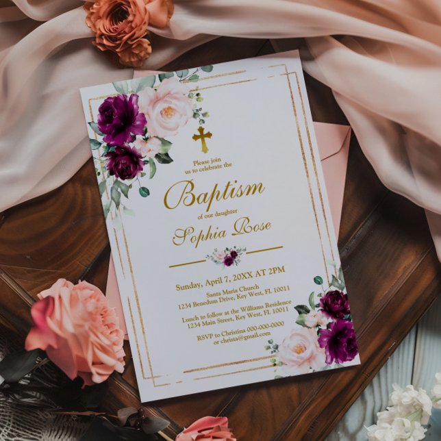 Purple & Blush Pink Rose Floral Girl Baptism Invitation (Creator Uploaded)