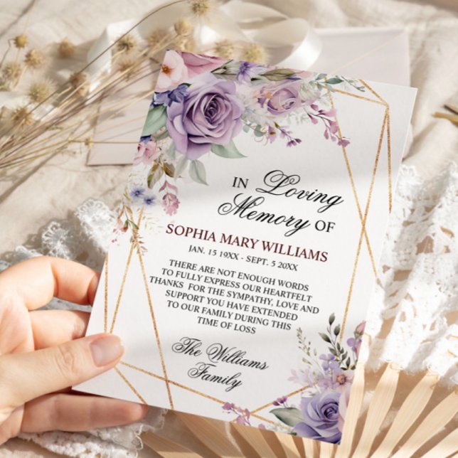 Purple & Blush Pink Rose Flowers Sympathy Memory Thank You Card (Creator Uploaded)