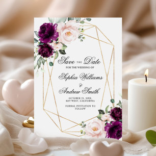 Purple & Blush Pink Rose Save the Date Invitation