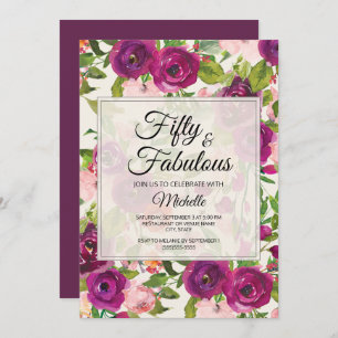 Purple Blush Pink Watercolor Floral 50th Birthday Invitation