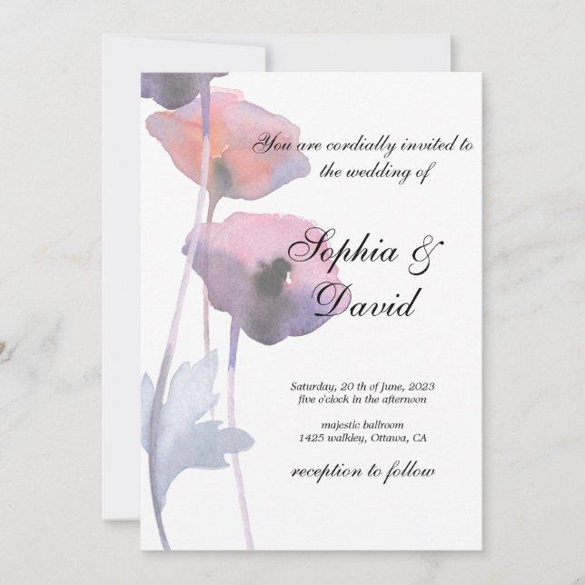Purple blush poppy wedding invitation (Front)