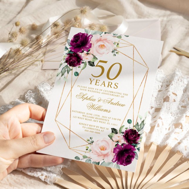 Purple & Blush Rose 50th Wedding Anniversary Invitation (Creator Uploaded)