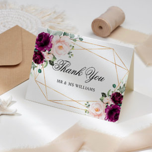 Purple & Blush Rose Floral Wedding Thank You Card