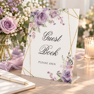 Purple & Blush Rose Flowers Shower Guest Book Sign