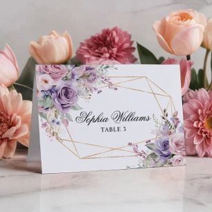 Purple & Blush Rose Flowers Wedding Place Card