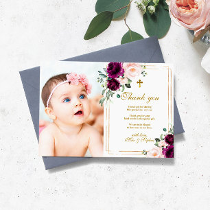Purple & Blush Rose Photo Baptism Thank You Card