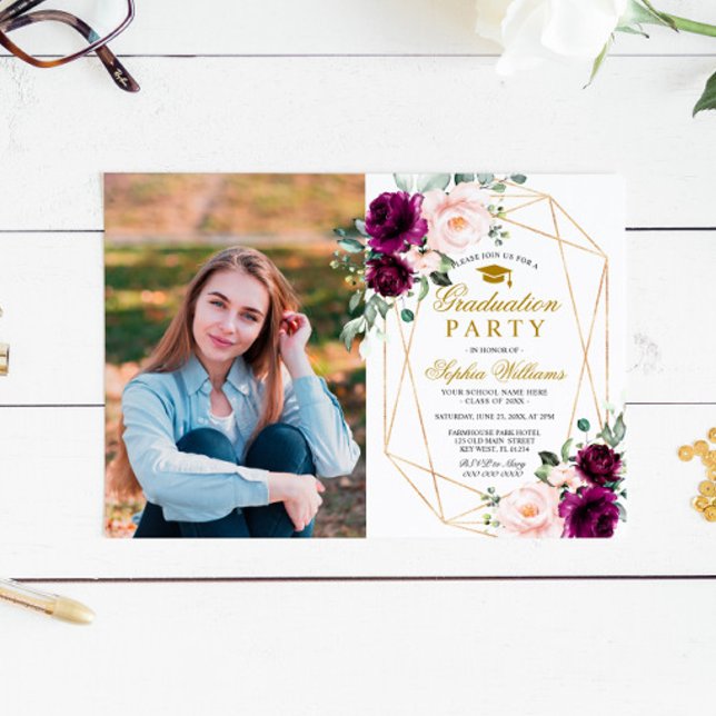 Purple & Blush Rose Photo Graduation Party Invitation (Creator Uploaded)