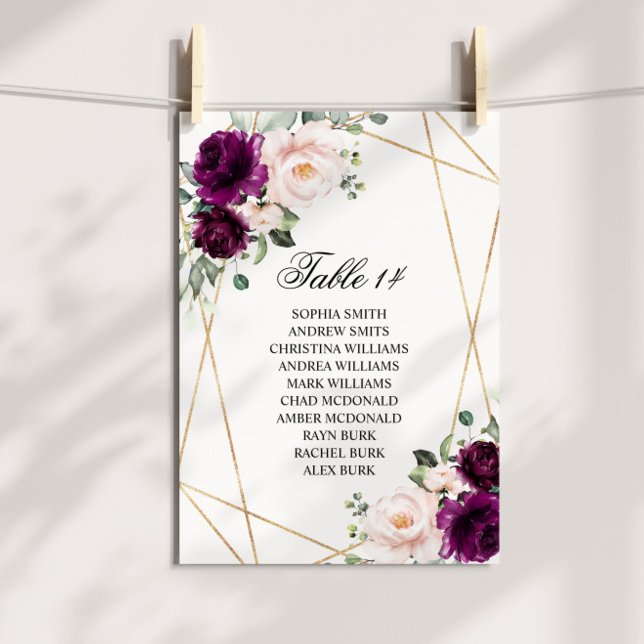 Purple & Blush Rose Wedding Seating Chart Cards (Creator Uploaded)