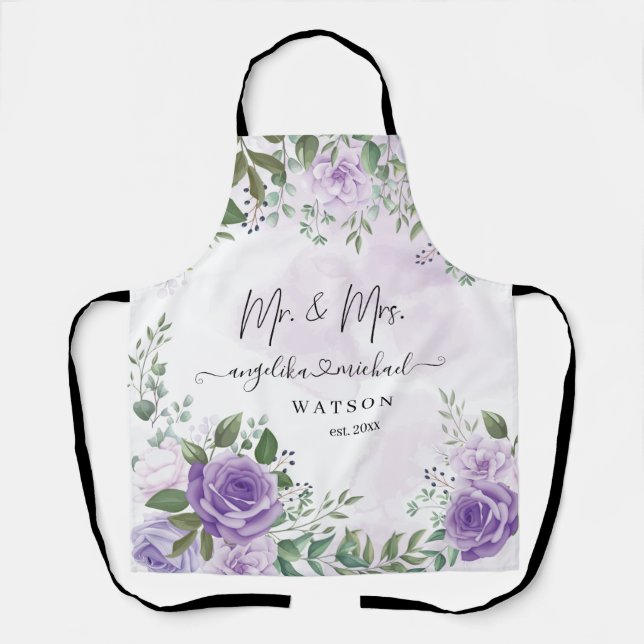 Purple Blush Roses Mr. and Mrs. Modern Script Apron (Front)