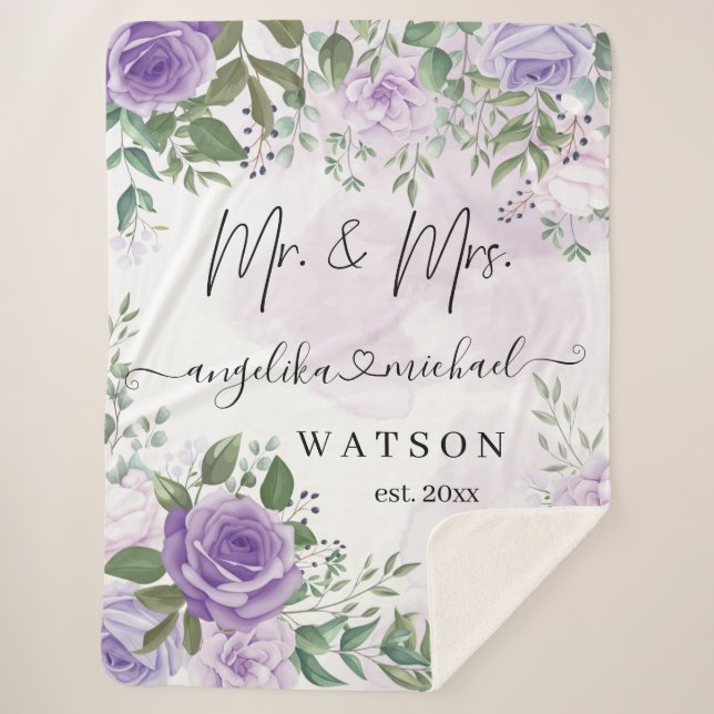 Purple Blush Roses Mr. and Mrs. Modern Script  Sherpa Blanket (Front)
