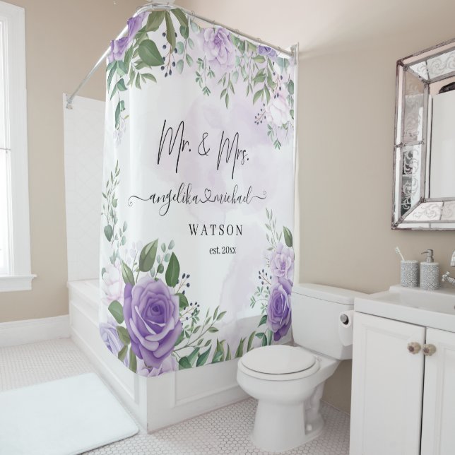Purple Blush Roses Mr. and Mrs. Modern Script Shower Curtain (In Situ)