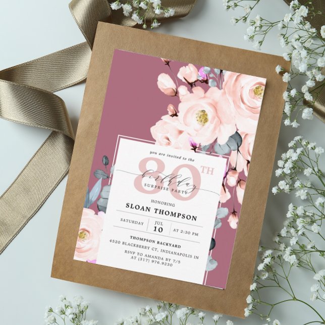 Purple Blush Watercolor Floral 80th Birthday Invitation (Creator Uploaded)