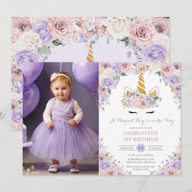 Purple Blush White Floral Unicorn Birthday Photo Invitation (Front/Back)