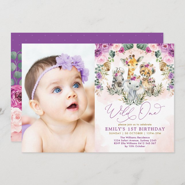 Purple Blush Wild One Jungle Animals 1st Birthday Invitation (Front/Back)