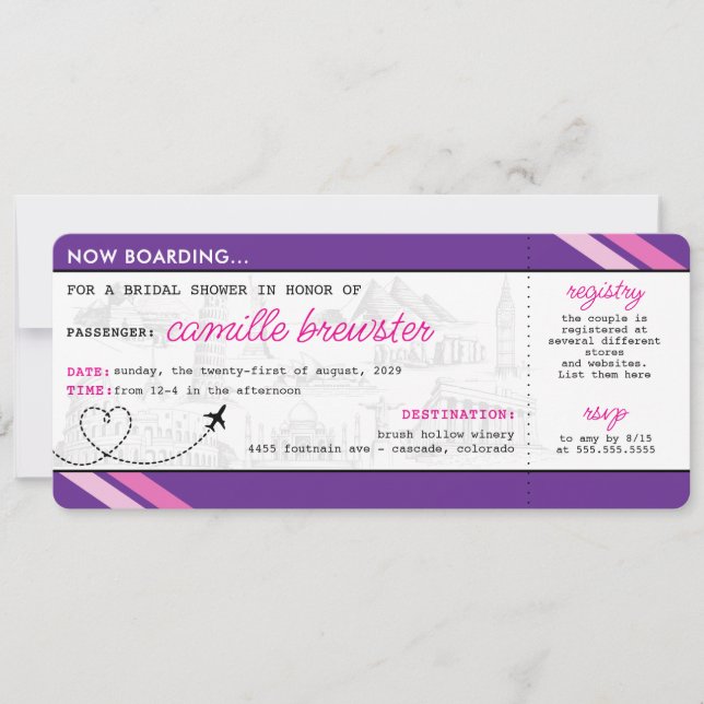 Purple Boarding Pass Bridal Shower Invitation (Front)
