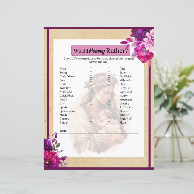 Purple Boho Baby Shower Would Mummy Rather Game (Standing Front)