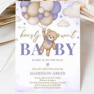 Purple Boho Bear Girl Baby Shower Invitation