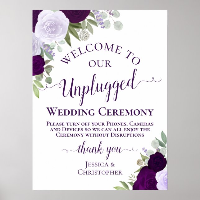 Purple Boho Chic Floral Unplugged Wedding Ceremony Poster (Front)