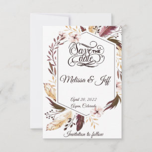 Purple boho feathers save the date