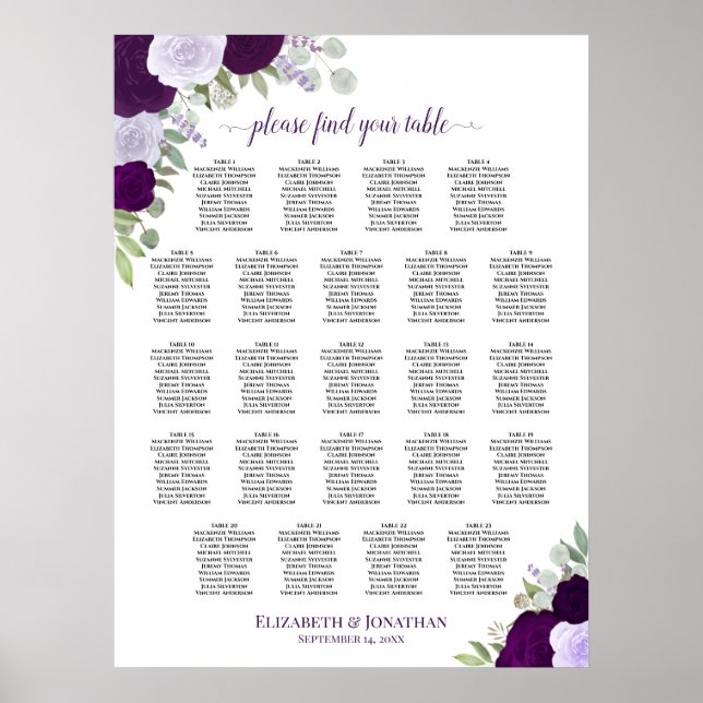 Purple Boho Floral 23 Table Wedding Seating Chart (Front)