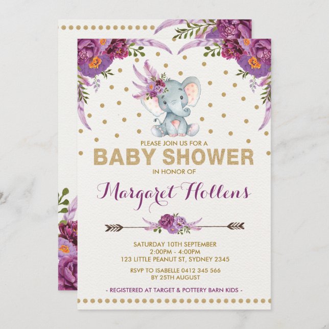 Purple Boho Floral Elephant Baby Shower Invite (Front/Back)