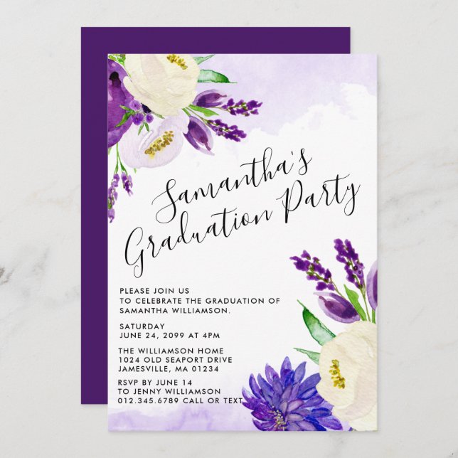 Purple Boho Floral Graduation Party Invitations (Front/Back)