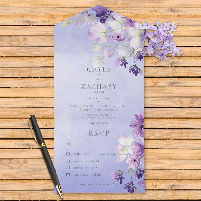 Purple Boho Floral Purple Dinner All In One Invitation (Also available with a QR code or without dinner selection options.)