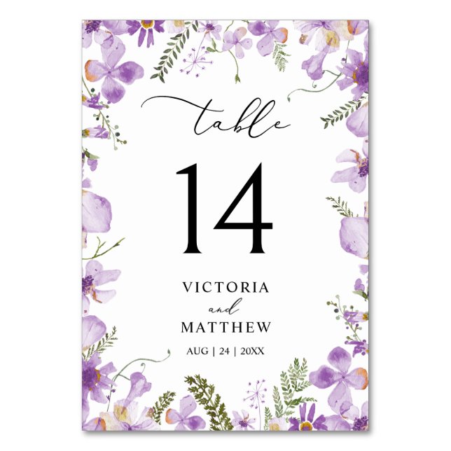 Purple Boho Floral Wedding Table Number (Front)