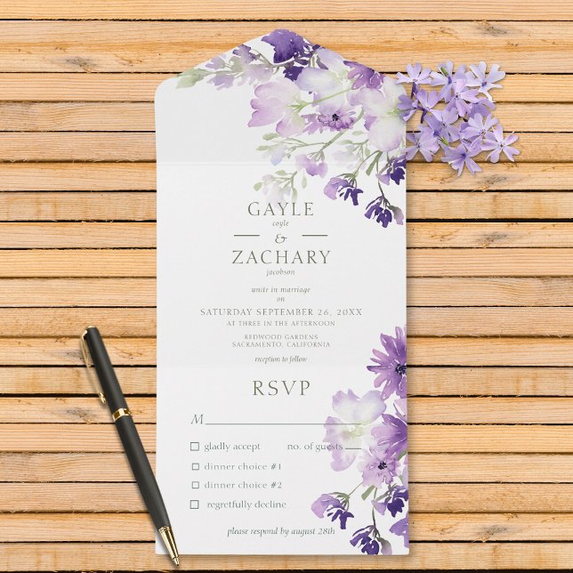 Purple Boho Floral White Dinner All In One Invitation (Also available with a QR code or without dinner selection options.)