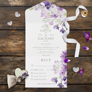Purple Boho Floral White Dinner All In One Invitation