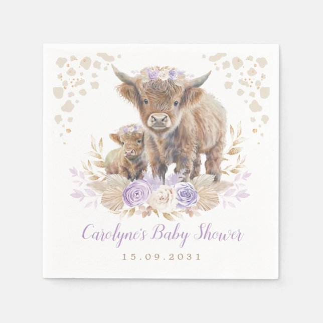 Purple Boho Highland Cow Girl Baby Shower Napkin (Front)