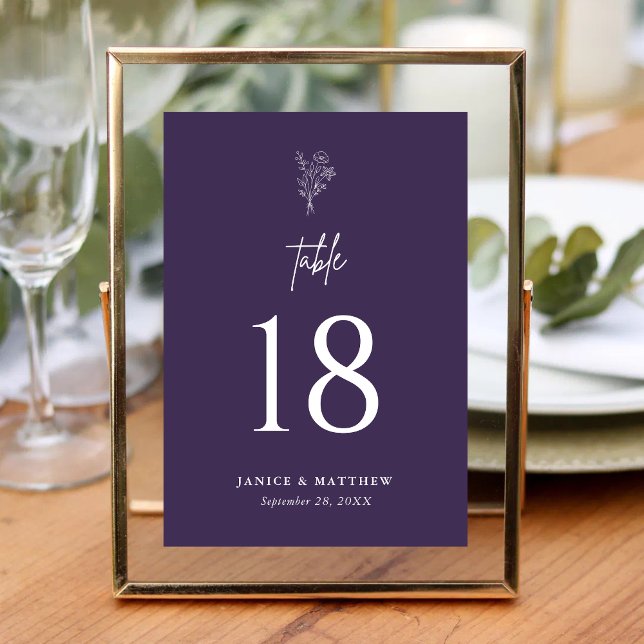 Purple Boho Minimalist Botanicals Wedding Table Number (Purple boho botanical table number adds romantic charm while guiding guests with ease.)