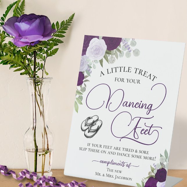 Purple Boho Roses Dancing Feet Flip Flop Wedding  Pedestal Sign (Creator Uploaded)