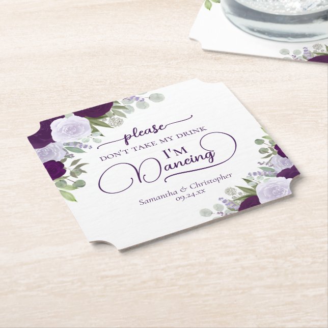 Purple Boho Roses Don't Take My Drink Wedding Paper Coaster (Angled)