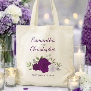 Purple Boho Roses Elegant Couple's Names Wedding Tote Bag
