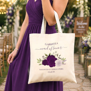 Purple Boho Roses Elegant Maid of Honour Wedding Tote Bag
