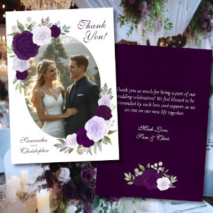 Purple Boho Roses Oval Photo Elegant Wedding Thank You Card