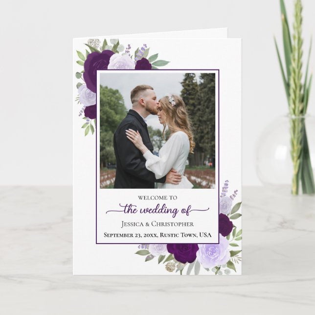 Purple Boho Roses & Photo Elegant Wedding Programme (Front)
